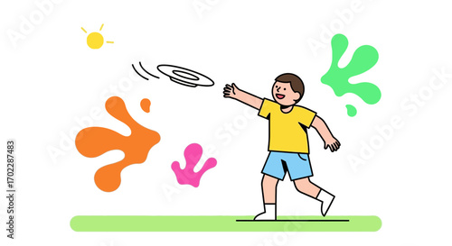 Illustration of a boy playing frisbee on a sunny day with colorful abstract shapes