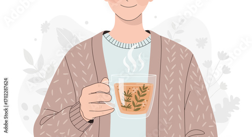 Illustration of a person holding a warm cup of herbal tea in a cozy setting
