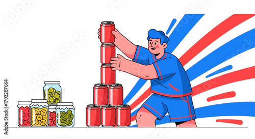 Illustration of a boy stacking soda cans creating a tower of beverages