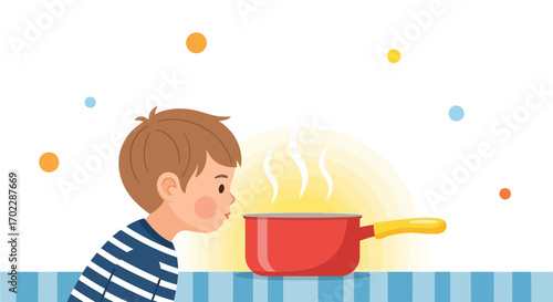 Illustration of a boy smelling hot soup in a red pot, on a white background