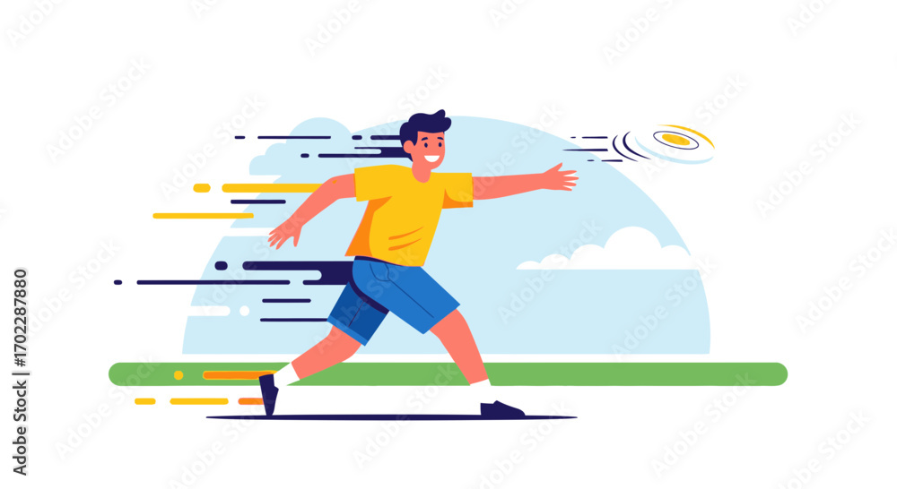 Fototapeta premium Illustration of a person playing frisbee in a park during a sunny day