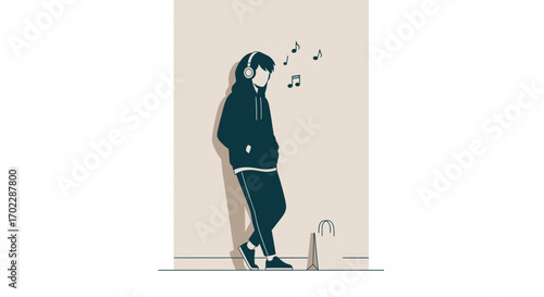 Illustration of a person listening to music with headphones, relaxing and enjoying