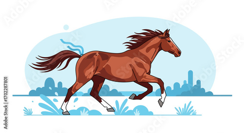 Illustration of a brown horse galloping dynamically across a simple background