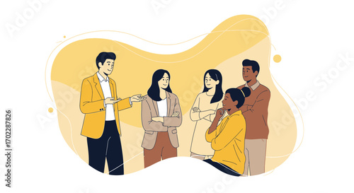 Illustration of a business presentation or teamwork session with diverse people in a meeting