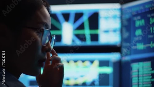 Technician monitoring smart energy grid in control room