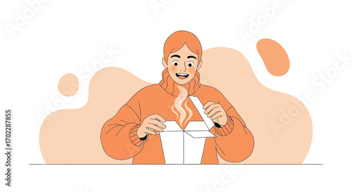 Illustration of a person opening takeaway box with smile and steam concept design