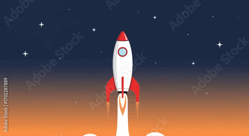 Illustration of a cartoon rocket launching into space with starry night background