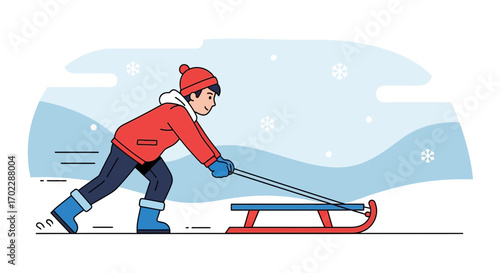 Illustration of a person pulling a sled during snowfall in a winter landscape