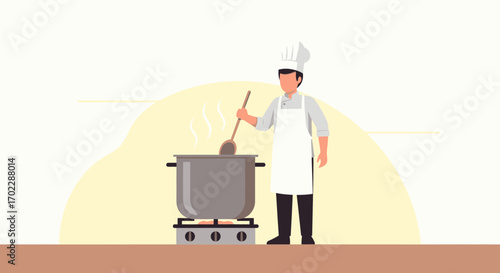 Illustration of a chef cooking in a commercial kitchen preparing food to serve