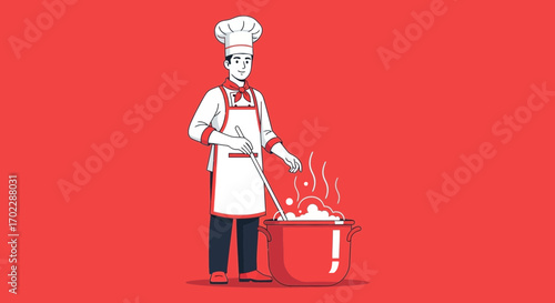 Illustration of a chef cooking with a pot on a red background vector design