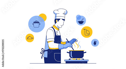 Illustration of a chef cooking in the kitchen, flat design style, professional cooking