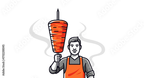 Illustration of a chef holding a shawarma skewer, food vector design concept