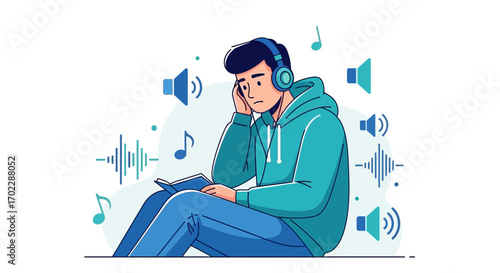 Illustration of a person reading a book while listening to music with headphones