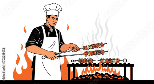 Illustration of a chef grilling kebabs over a fire during a outdoor barbecue event
