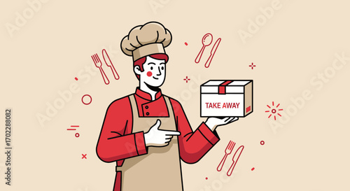 Illustration of a chef holding a take away box promoting food delivery services online