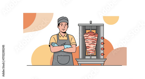 Illustration of a chef with a shawarma machine in a clean and modern style