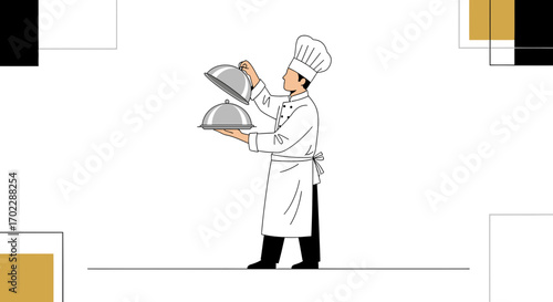 Illustration of a chef with serving cloches ready to serve in a restaurant