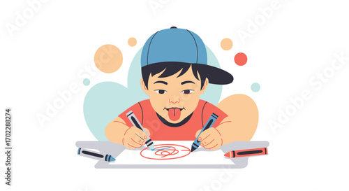 Illustration of a child artist drawing with crayons on paper with tongue out and a hat