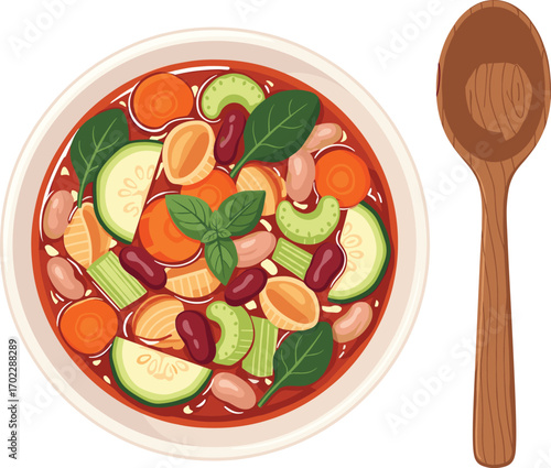 Italian Minestrone Soup Bowl with Herbs and Rustic Wooden Spoon