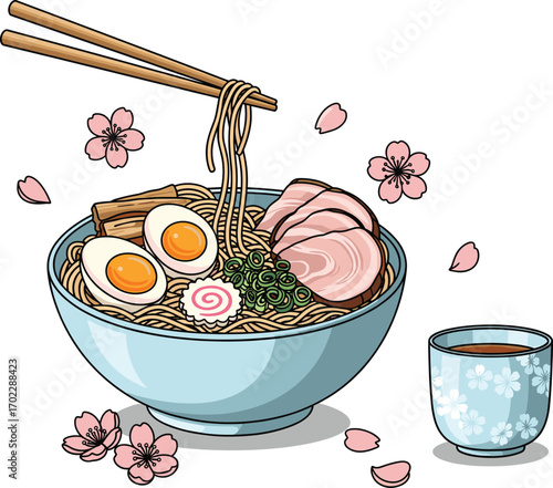 Japanese Ramen Bowl with Chopsticks and Sakura Blossom Vector