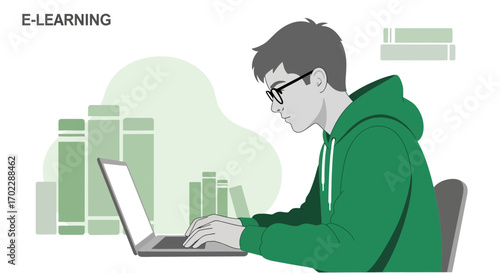 Illustration of a person studying online with laptop and books concept for elearning