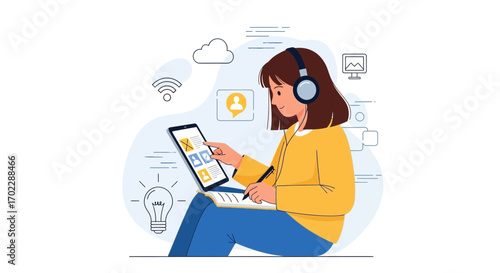 Illustration of a person studying online with a tablet and taking notes during a lesson