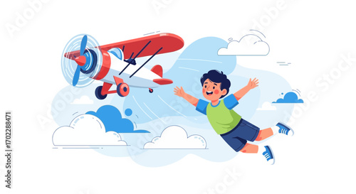 Illustration of a child happily flying towards an airplane in a sunny sky