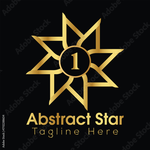 Golden abstract star logo with number one and text placeholder on black background vector 1