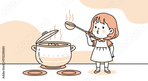 Illustration of a child tasting food from a pot in the kitchen, adorable artwork