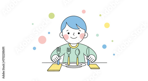 Illustration of a child sitting at a table is ready to eat his meal with cutlery