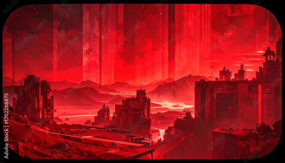 Obraz premium A desolate, crimson landscape with towering rock formations and an ominous, atmospheric sky. Abstract, surreal depiction