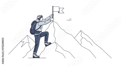 Illustration of a Climber Reaching the Summit and Placing a Flag on the Mountain Top