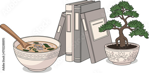 Modern Minimal Flat Lay Miso Soup with Books and Bonsai Decor