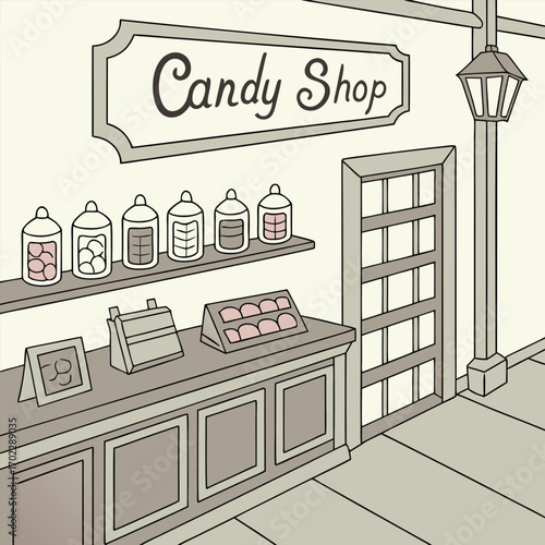 Charming old fashioned candy shop scene featuring glass jars filled with colorful sweets and a hand reaching for a treat perfect for nostalgic or confectionery themed designs