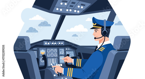 Illustration of a Pilot in a Cockpit Flying an Airplane in the Sky