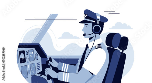 Illustration of a pilot in a cockpit flying an airplane during a flight