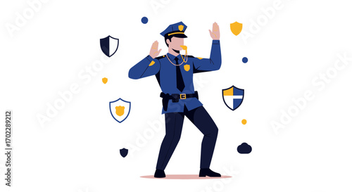 Illustration of a Policeman with Shields and Whistle, Security and Law Enforcement