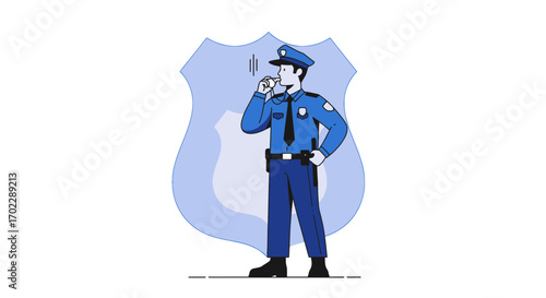 Illustration of a police officer with a whistle and badge against a white background