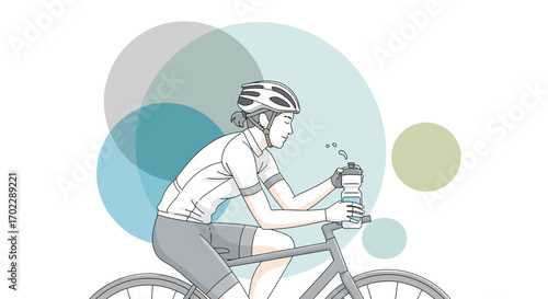 Illustration of a Cyclist Drinking Water During a Bike Ride in Minimalist Style