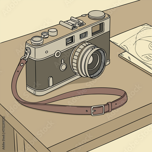 Vintage film camera with a worn leather strap resting on a wooden surface rendered as a clean vector graphic