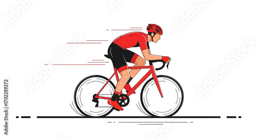 Illustration of a cyclist riding a red bike against a white background in vector style