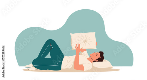 Illustration of a relaxed man lying on pillows and holding another pillow, resting