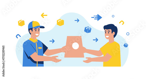 Illustration of a delivery man handing a package to the customer in a flat design style