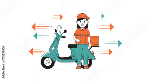 Illustration of a delivery person with a scooter and packages ready for fast shipping now