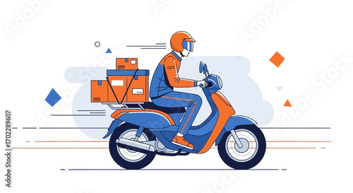 Illustration of a Delivery Rider on a Scooter Carrying Packages Against a White Background