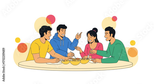 Illustration of a diverse group of friends enjoying a meal together, discussing excitedly