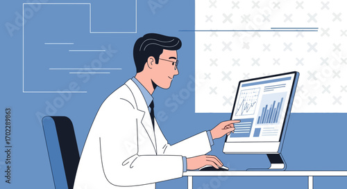 Illustration of a doctor working on his computer reviewing data analysis and charts