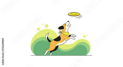 Illustration of a dog jumping to catch a frisbee in a playful and lighthearted scene