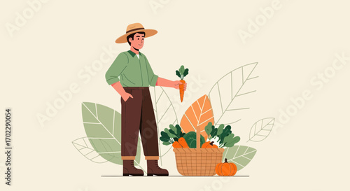 Illustration of a farmer holding a carrot and harvest basket with healthy vegetables