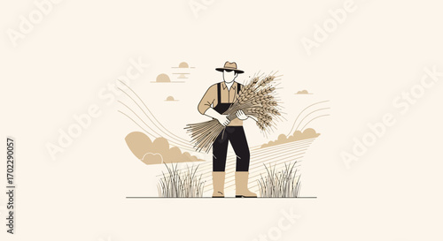 Illustration of a Farmer Holding Wheat Bundle in a Field with Minimalist Design